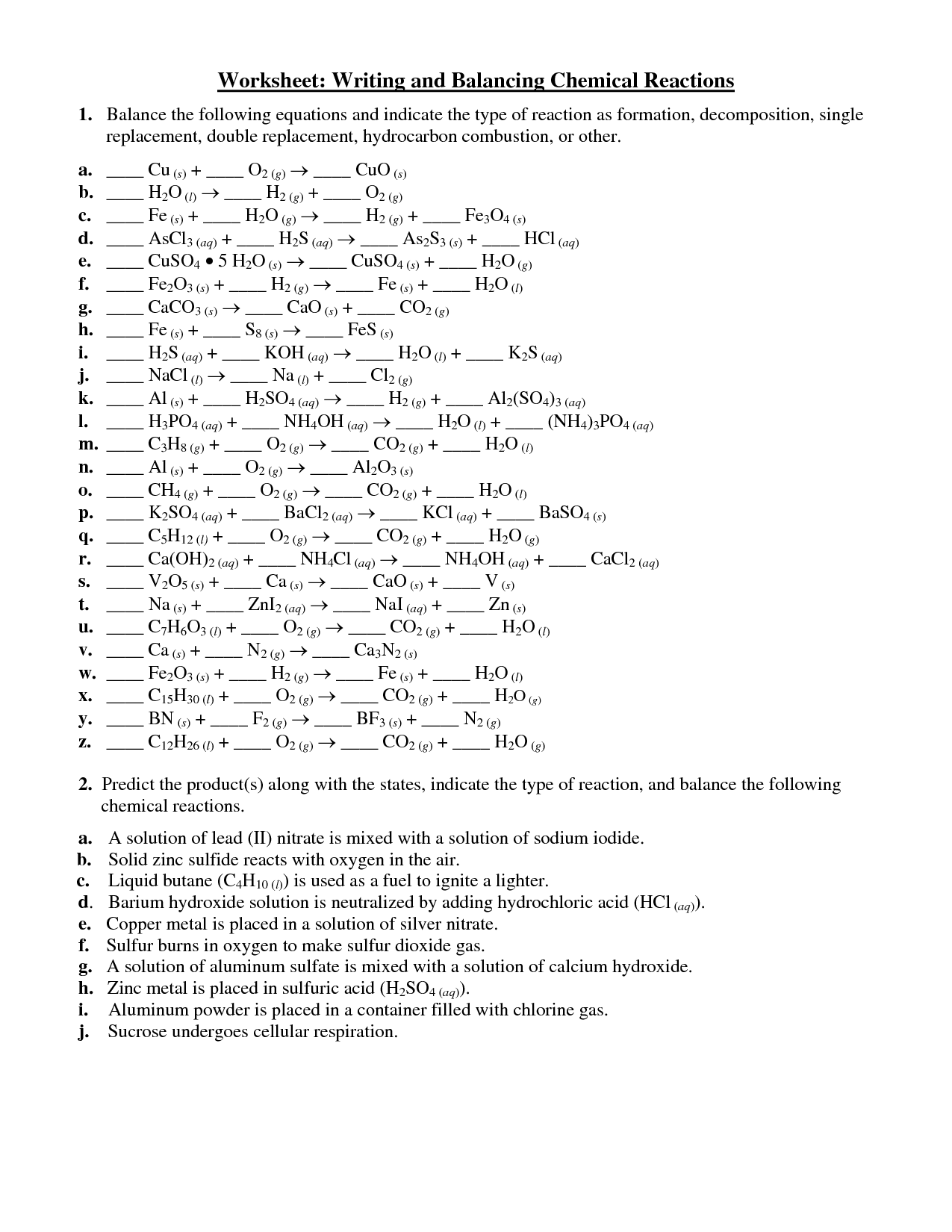 Balancing Simple Chemical Equations Worksheet Throughout Classification Of Chemical Reactions Worksheet