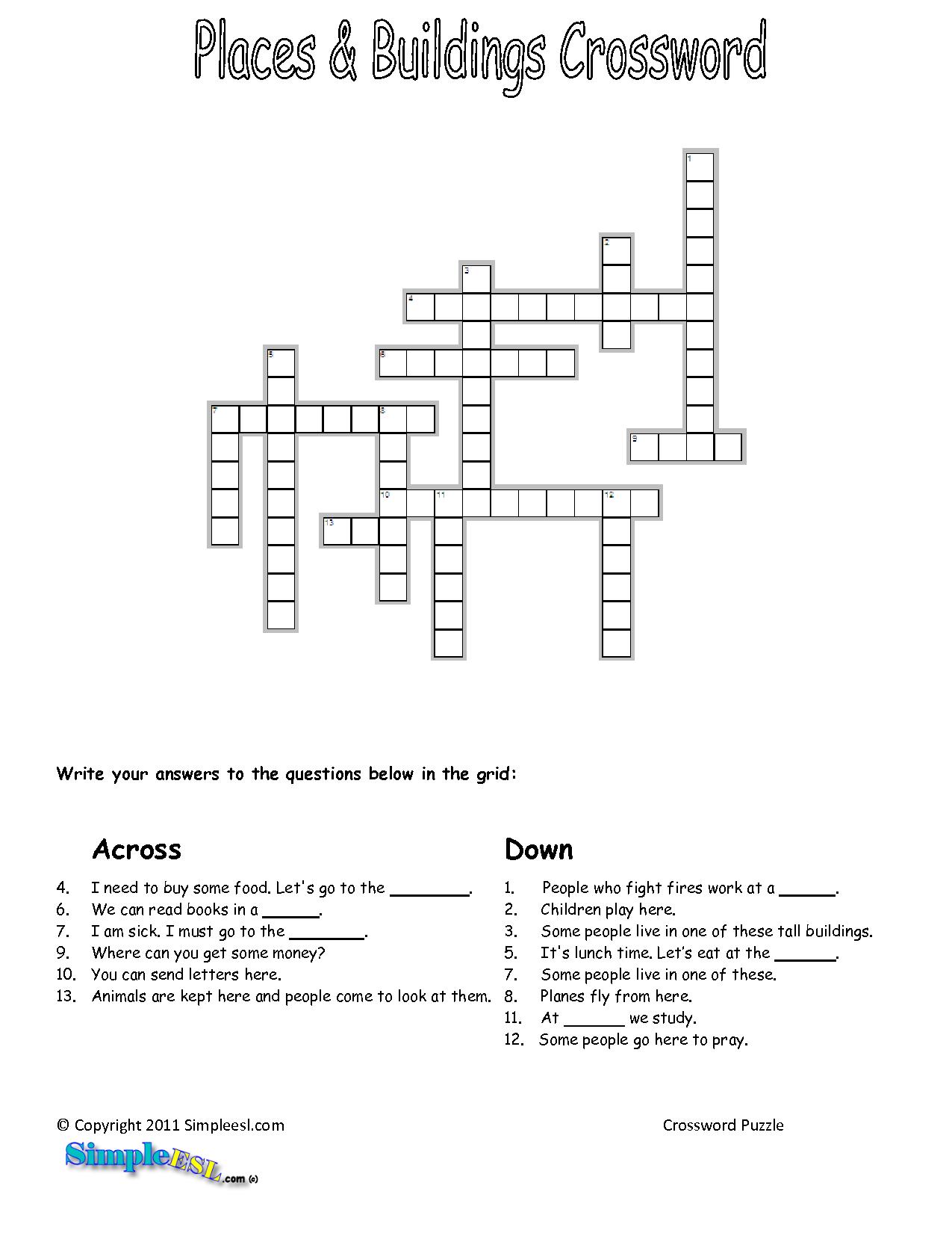 ESL Crossword Puzzles Worksheets Image