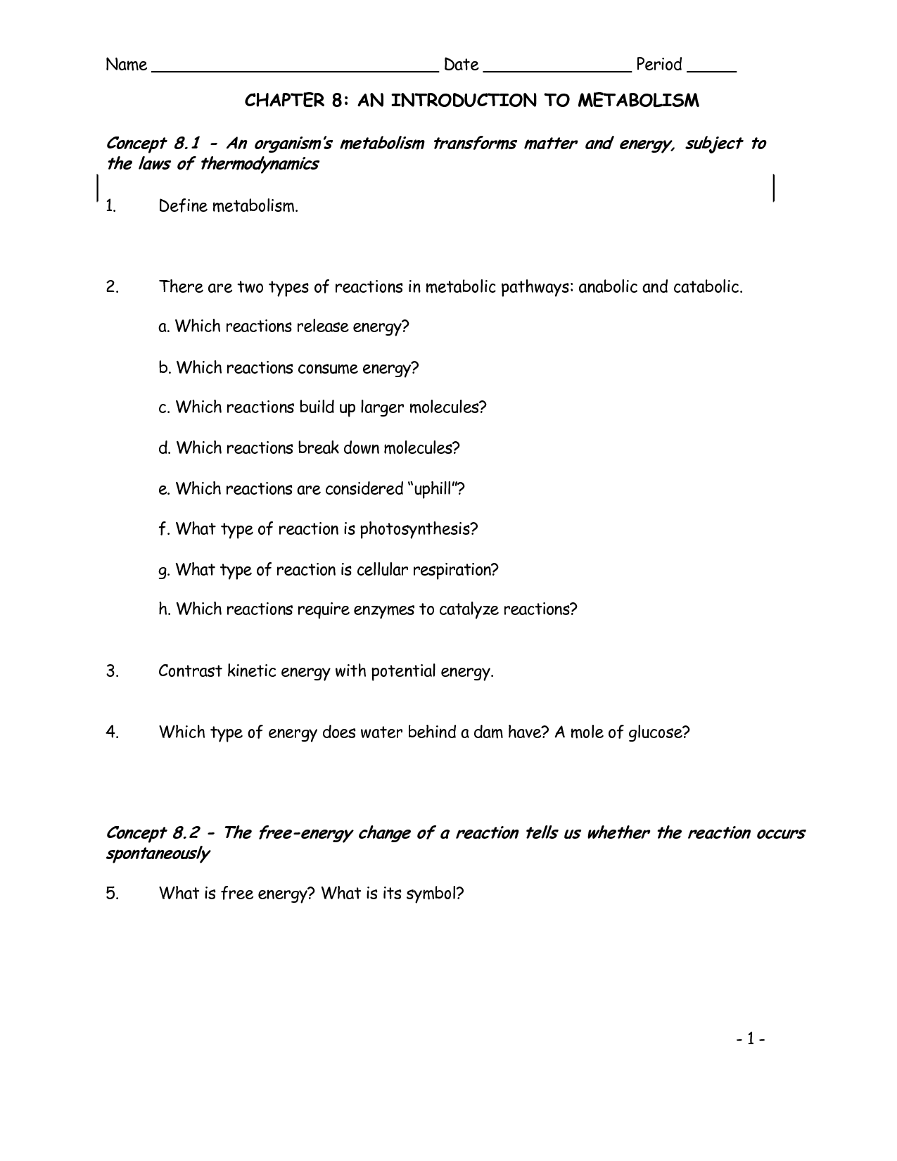 Introduction to Metabolism Worksheet Answers Image