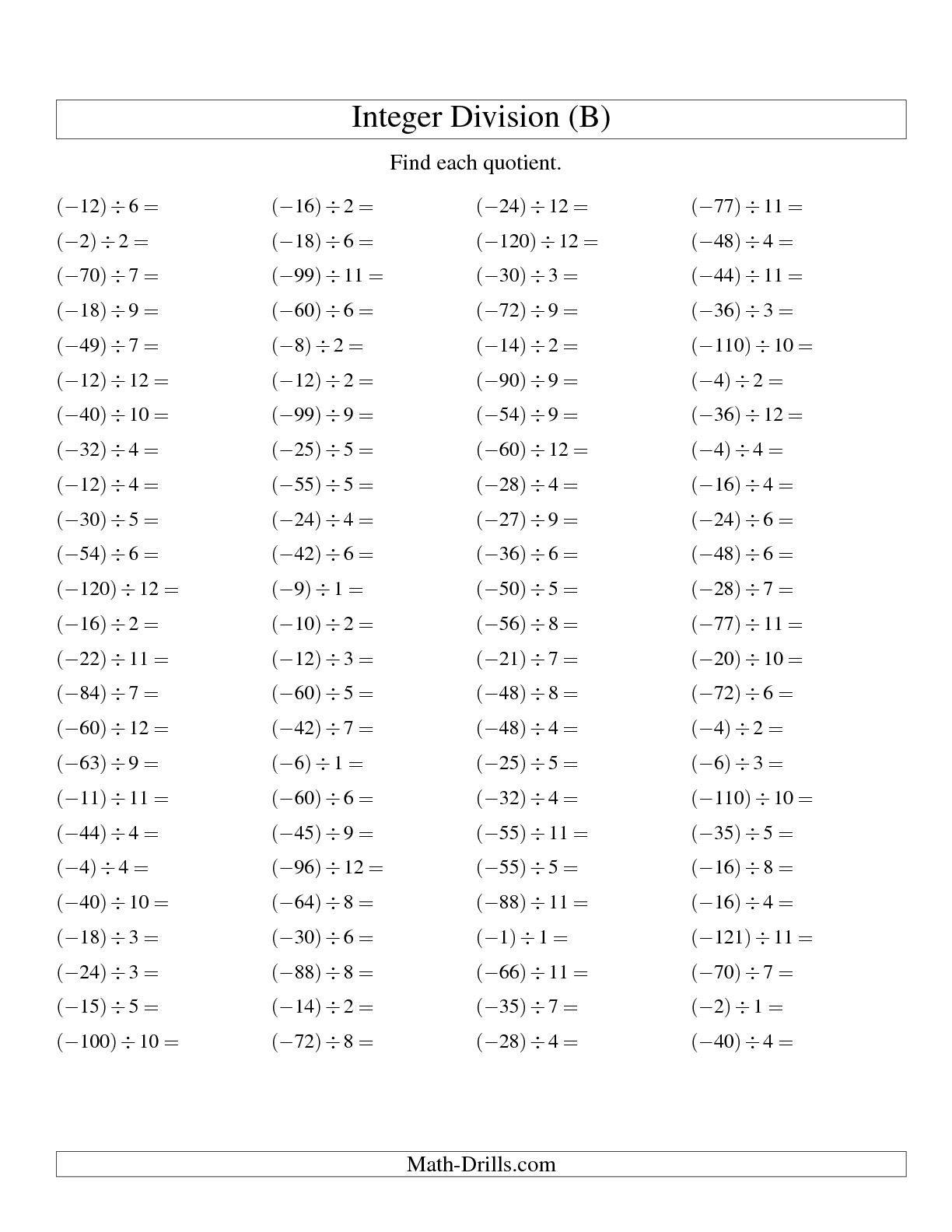Negative And Positive Integers Worksheets