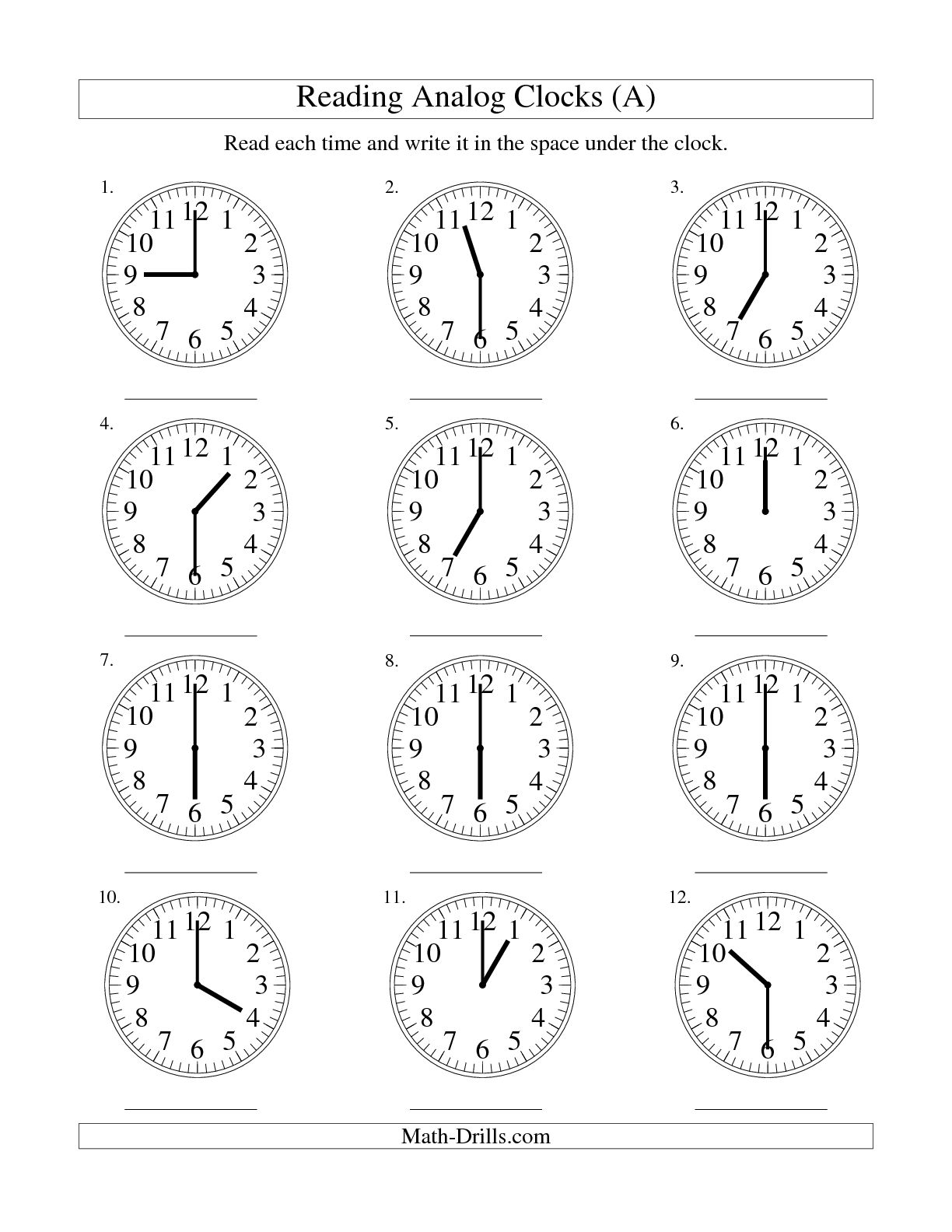 Reading Analog Clock Worksheets