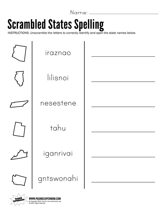 Scrambled States Worksheet Printable Image