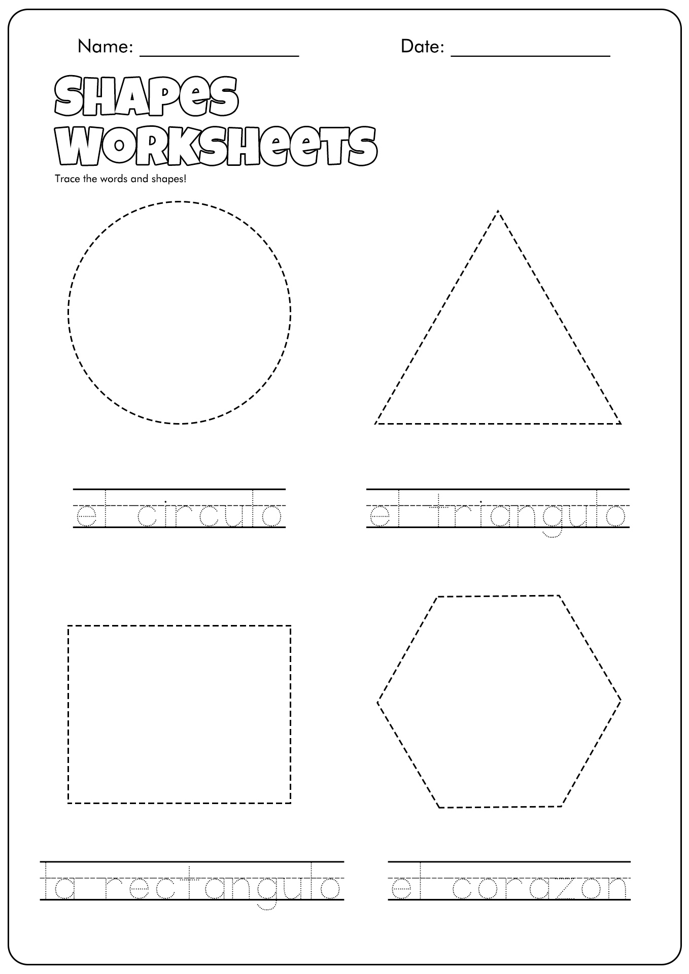 Shapes Worksheets in Spanish