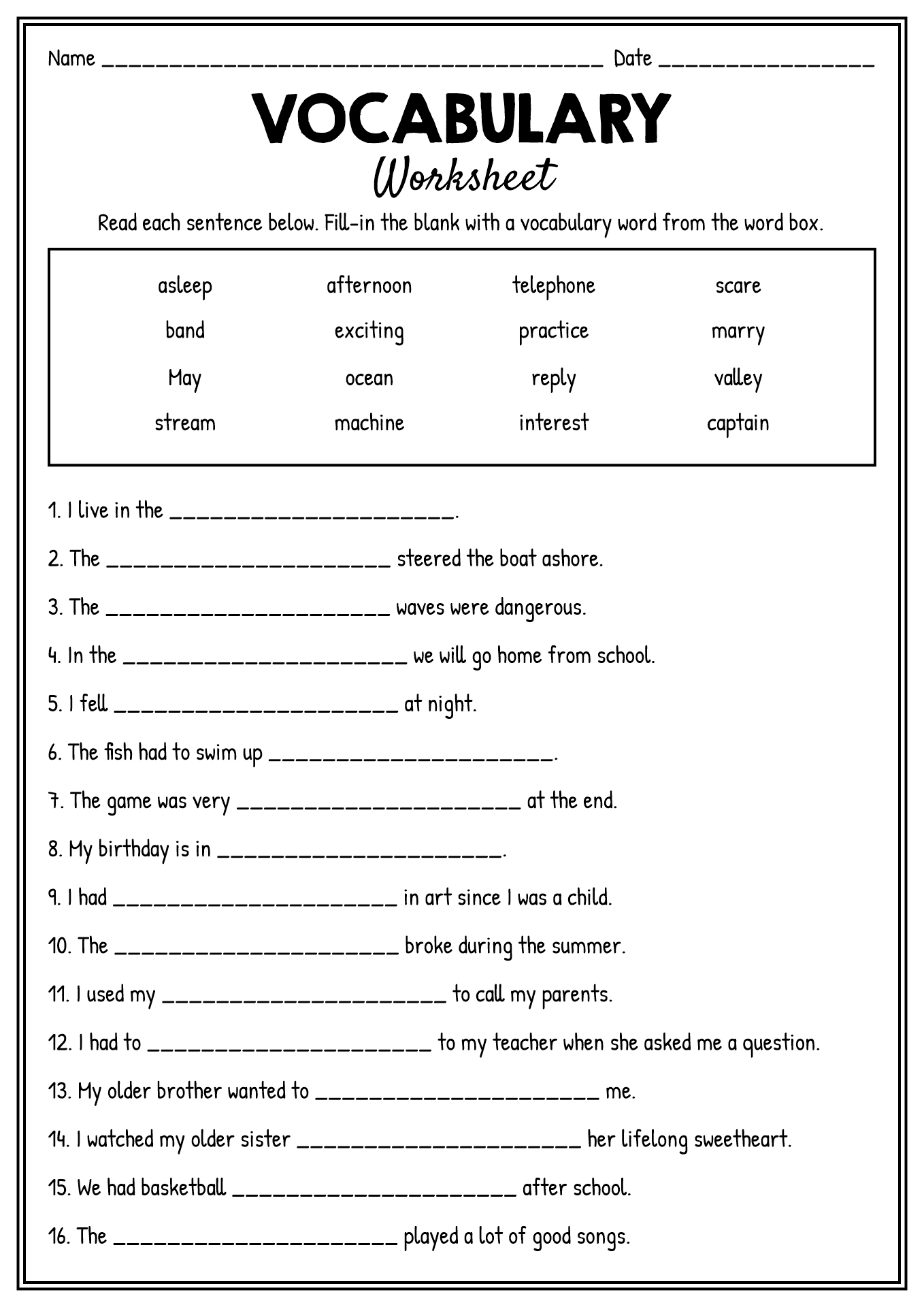 3rd Grade Vocabulary Words Worksheets