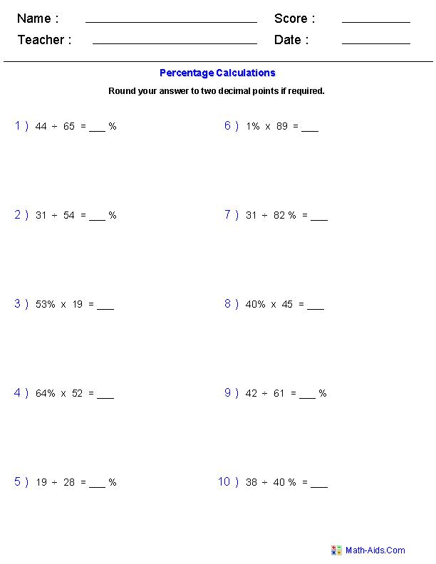 6th-Grade Percents Worksheets Image