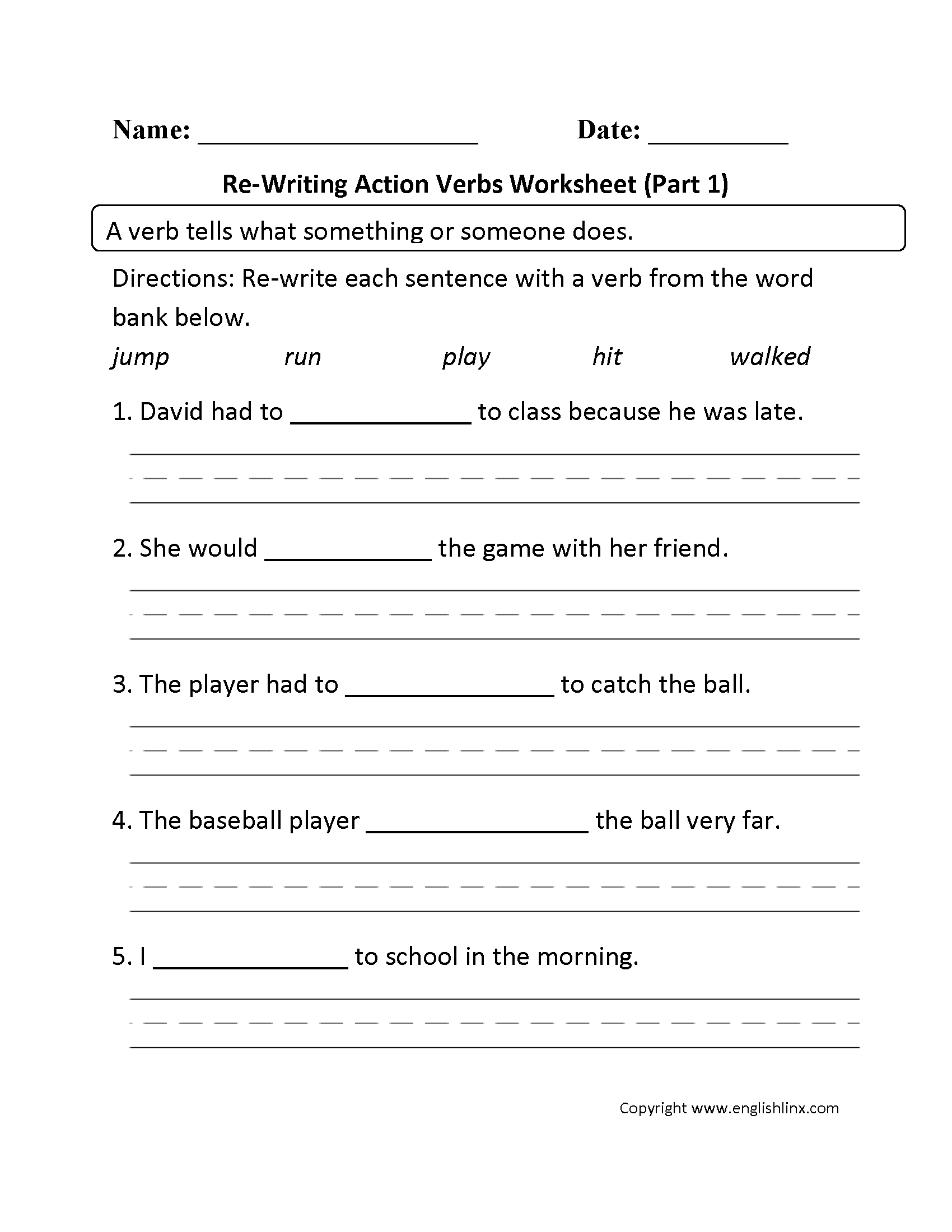 Action Verb Worksheets Grade 1 Image