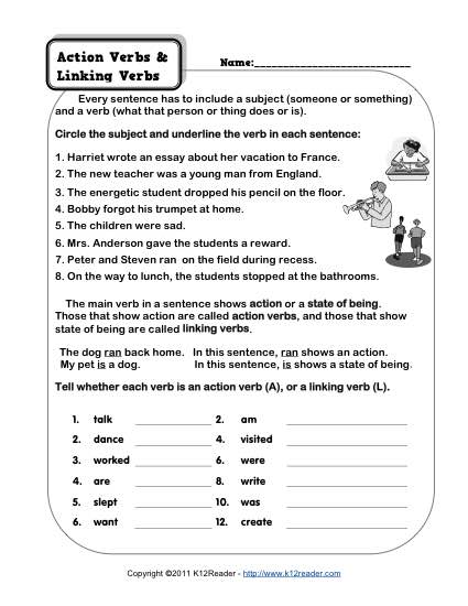 Action Verbs and Linking Verbs Worksheets Image