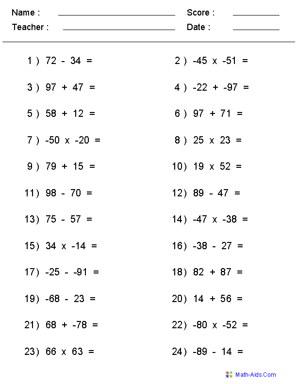 Adding and Subtracting Negative Numbers Worksheet Image