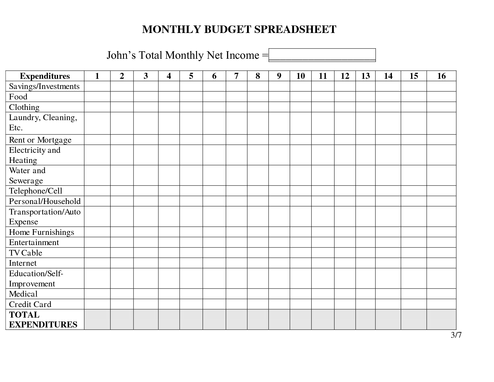 Blank Monthly Budget Spreadsheet Image