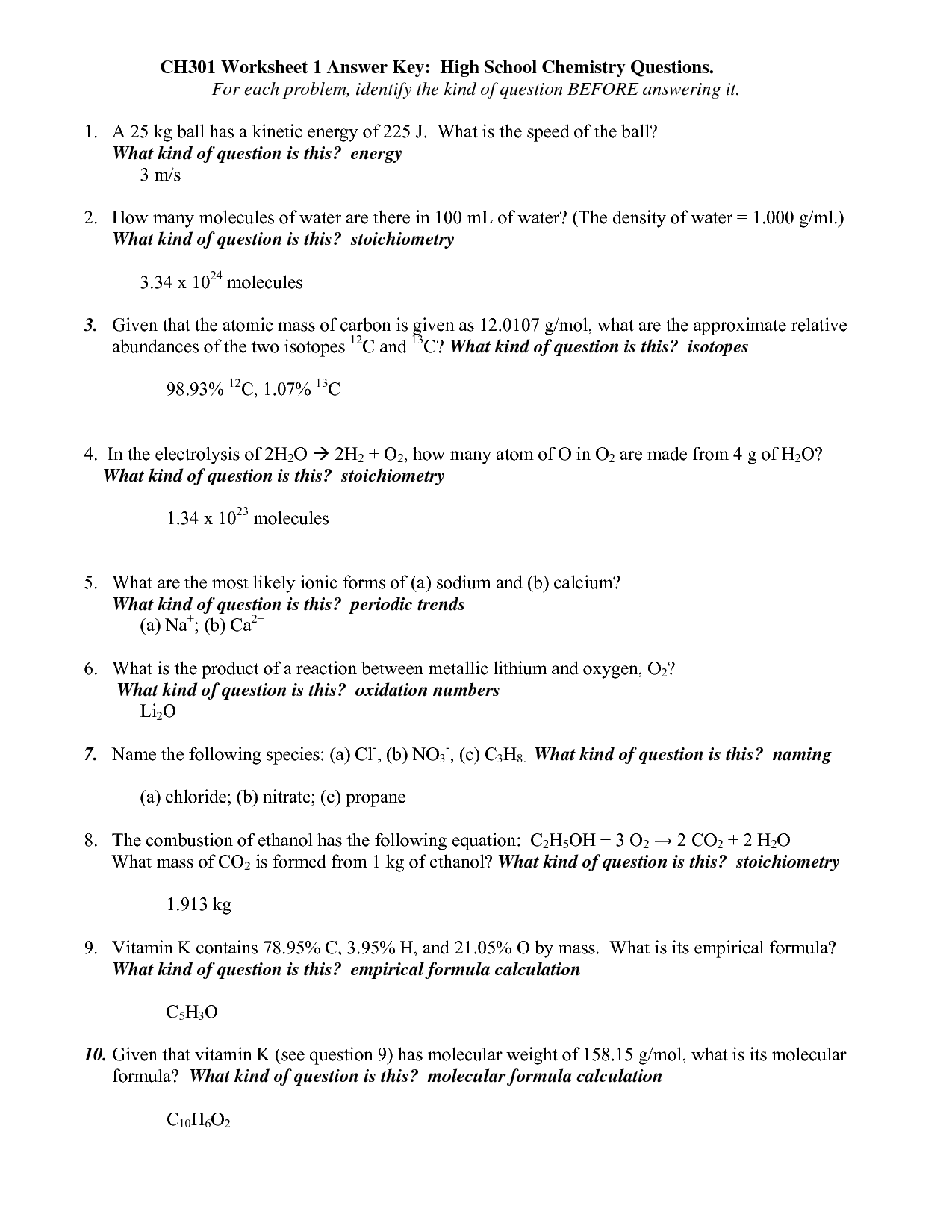 High School Chemistry Worksheet Answers