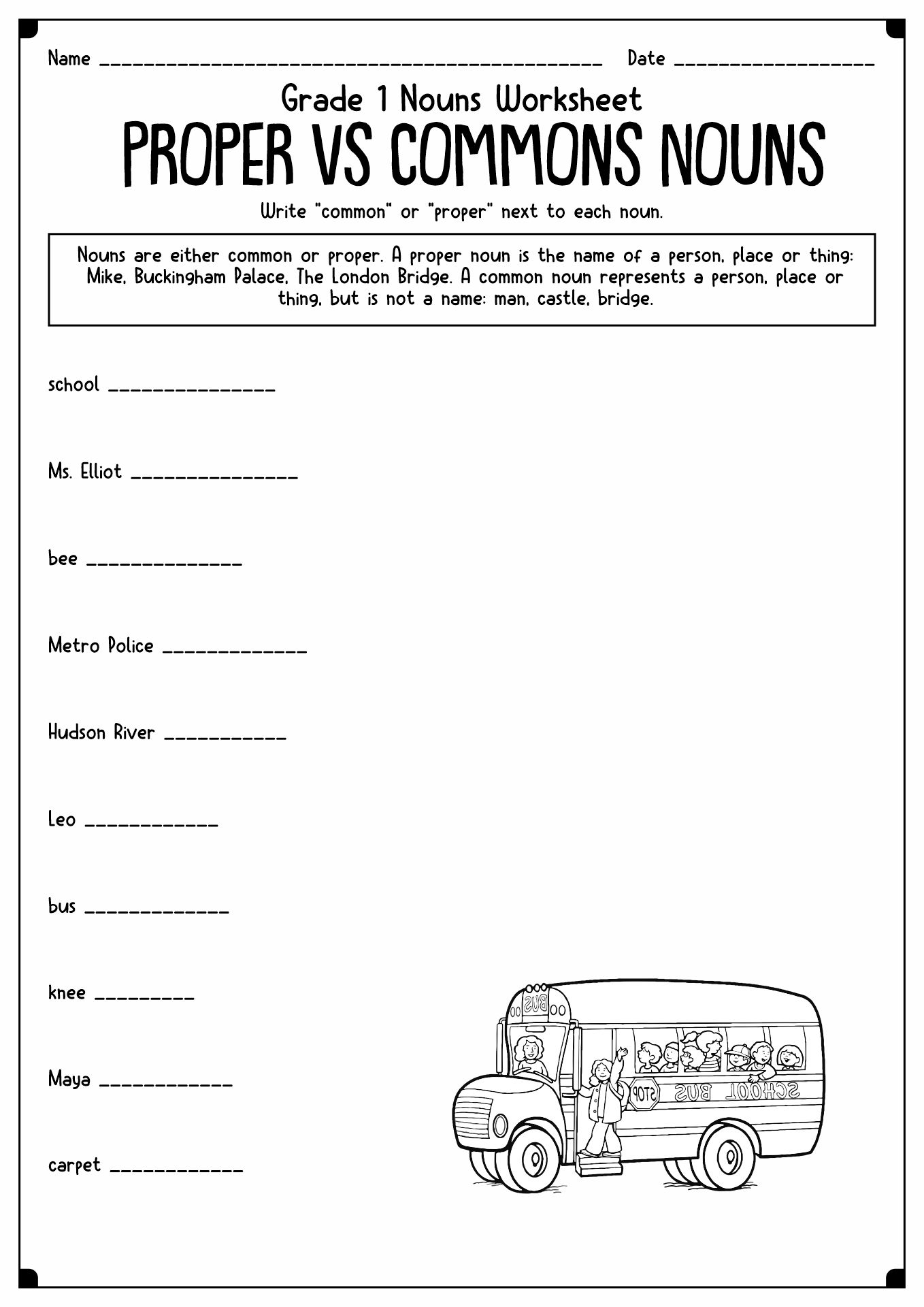 Common Proper Nouns Worksheet 1st Grade Image