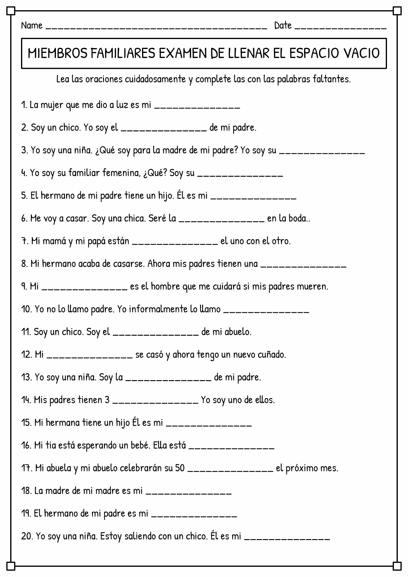 Fill the Blank Worksheets in Spanish