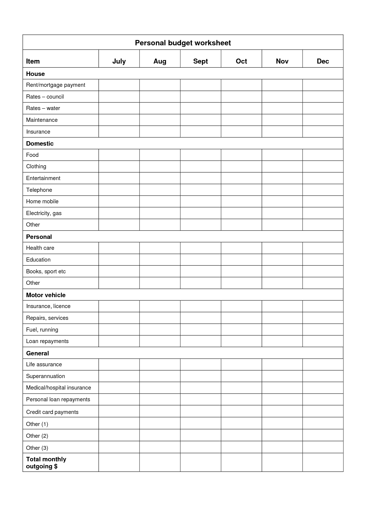 Free Printable Personal Budget Worksheet Image