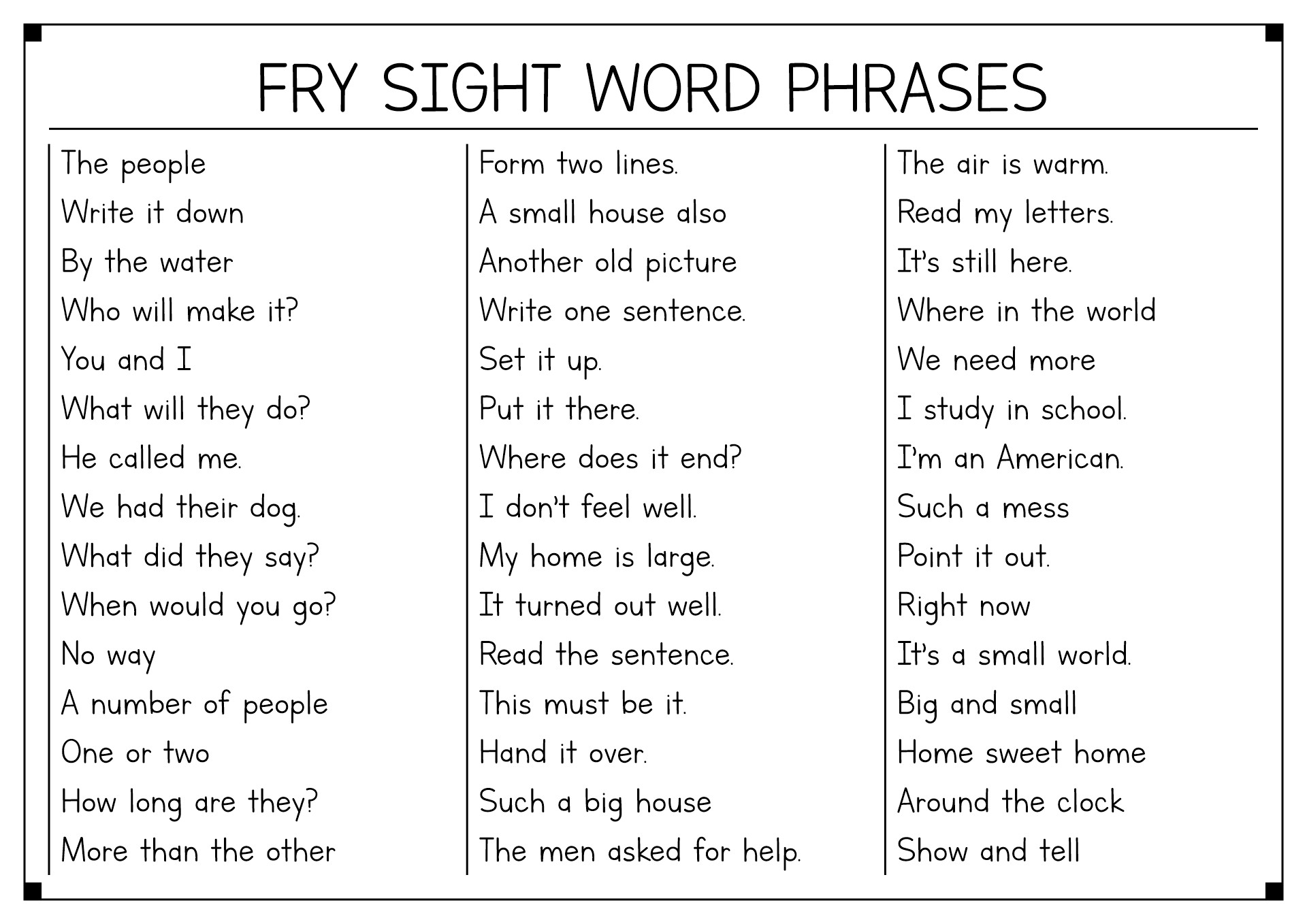 Fry Sight Word Phrases