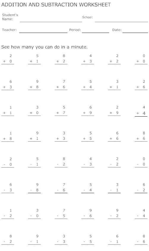 Math Addition and Subtraction Worksheets Image
