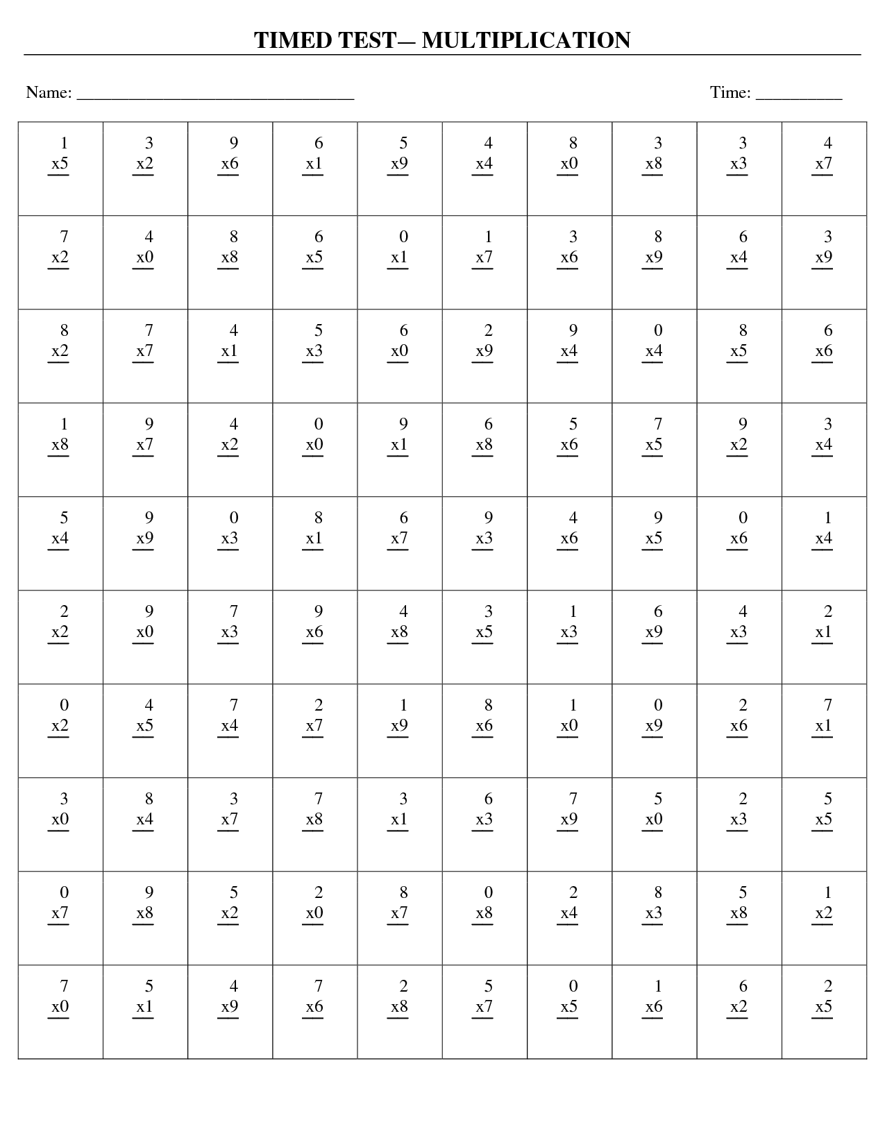 Multiplication Timed Test Worksheets Image