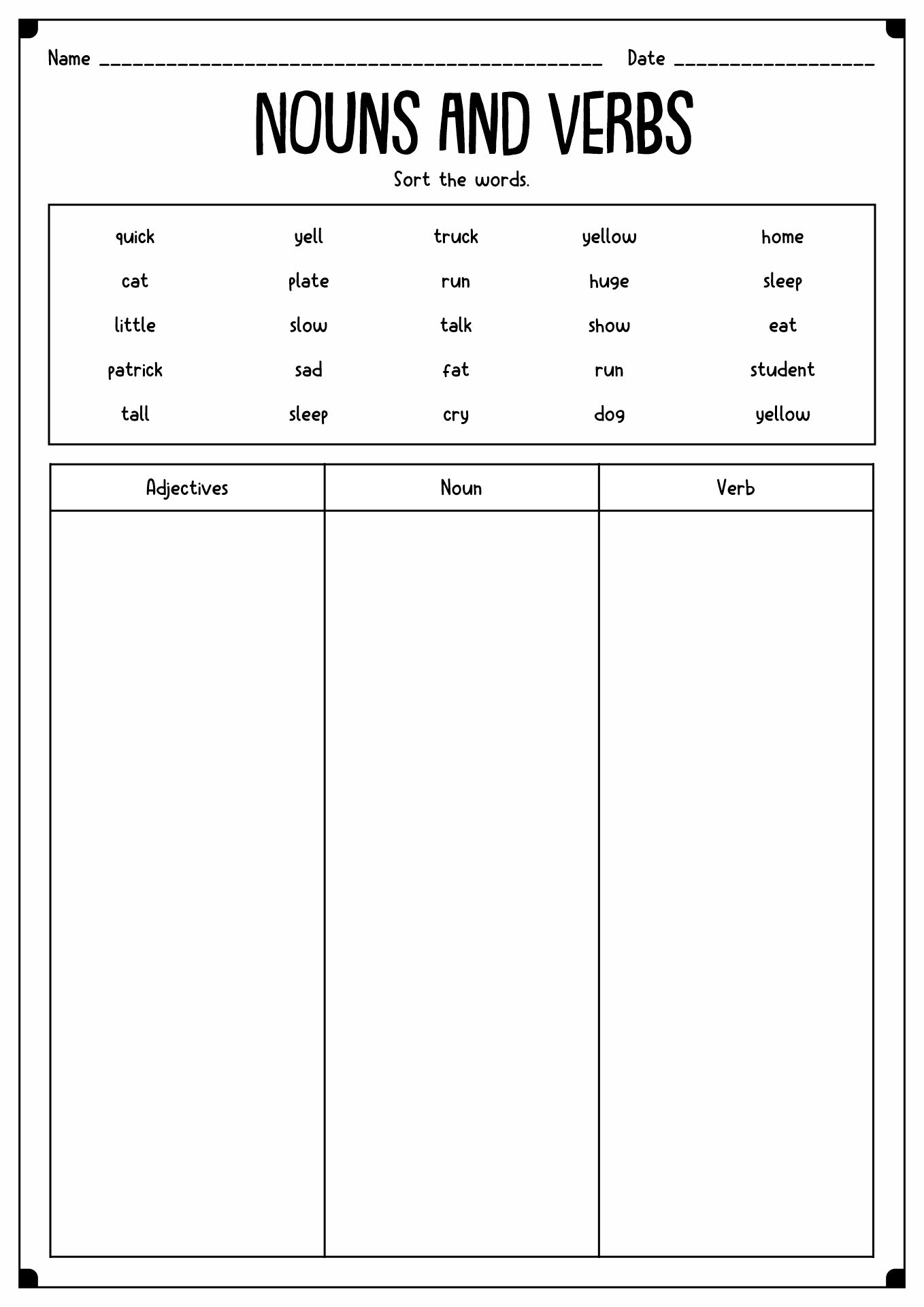 Nouns Verbs Adjectives Worksheets 1st Grade