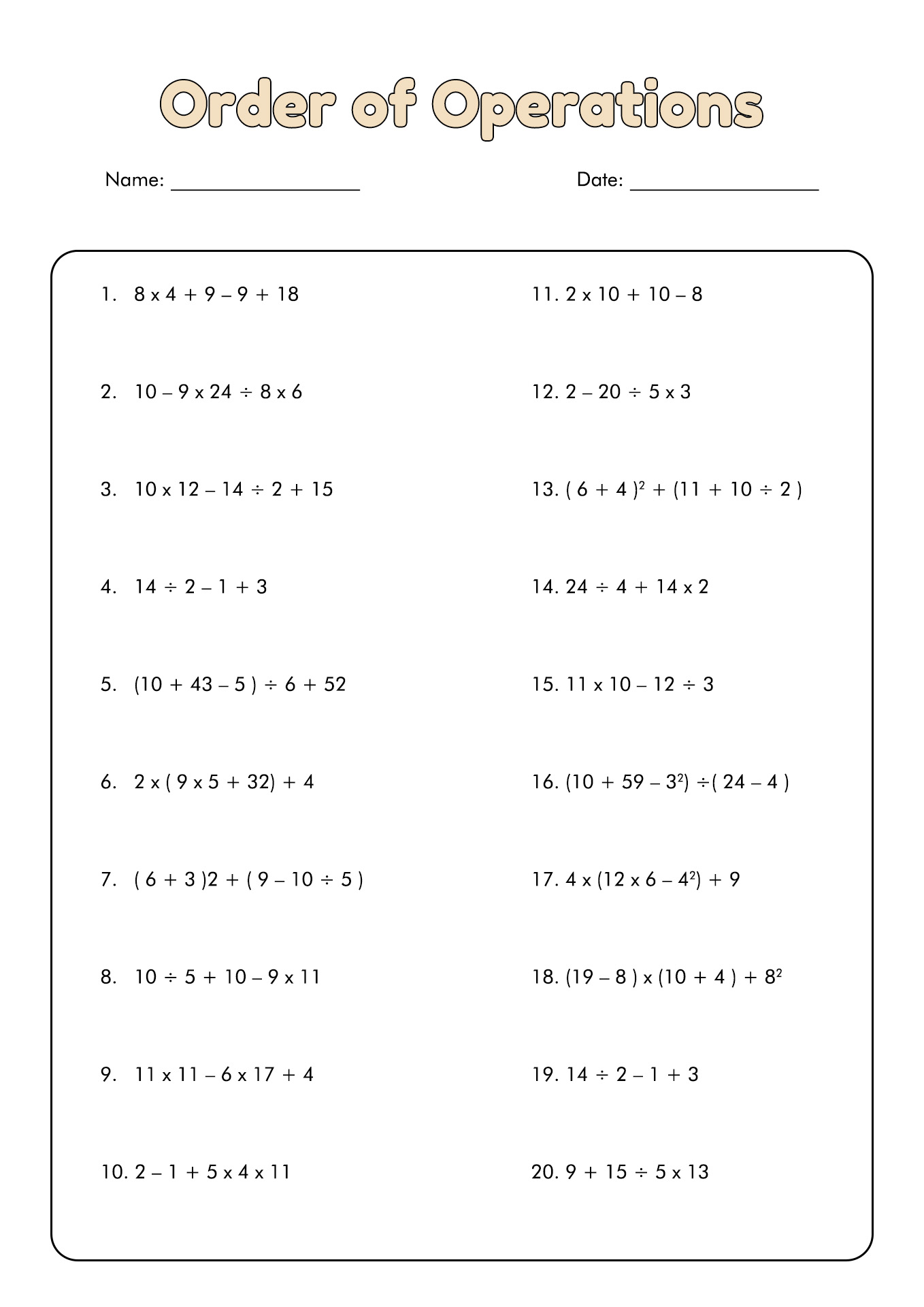 Order of Operations Worksheets 6th Grade