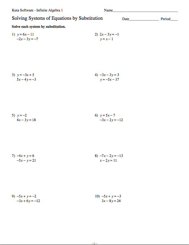 Solving Systems of Equations by Substitution Worksheet Image