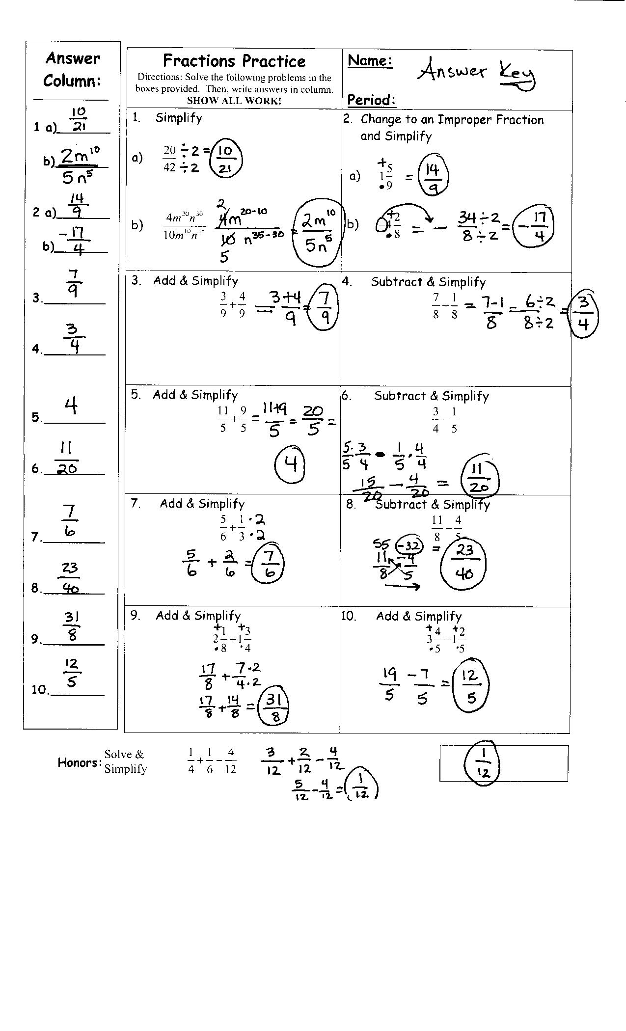10 Best Images of Fraction Worksheets With Answer Key ...