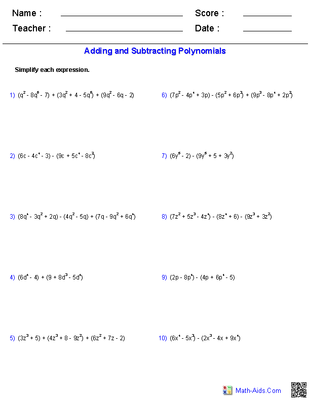 Adding Polynomials Worksheet Image