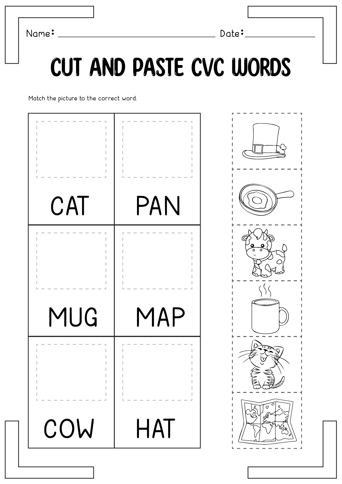 Cut and Paste CVC Words Worksheets