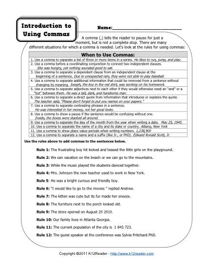 Free Printable Comma Worksheets Image