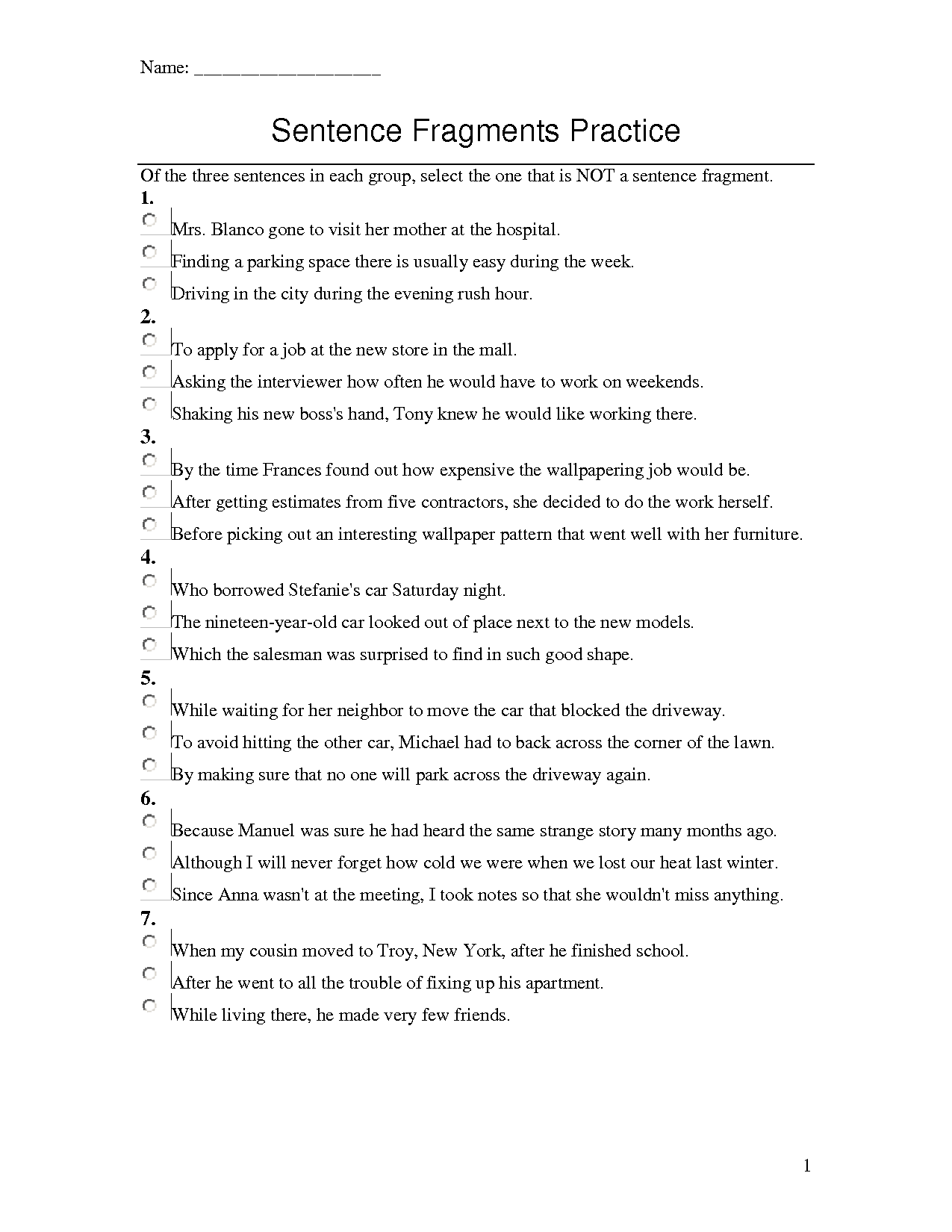 Identifying Sentence Fragments Worksheets Image