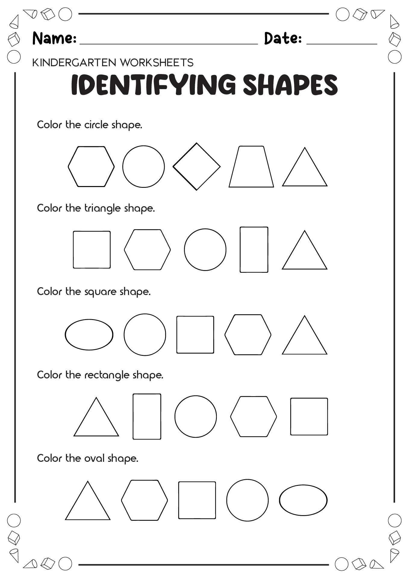 Identifying Shapes Worksheets Kindergarten
