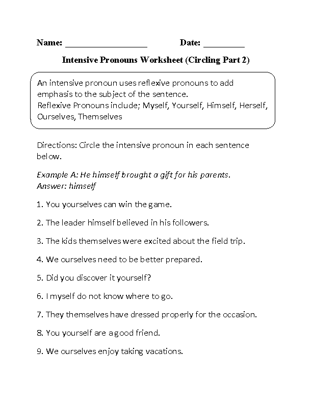 Reflexive And Intensive Pronouns Worksheets Grade 10 Pdf