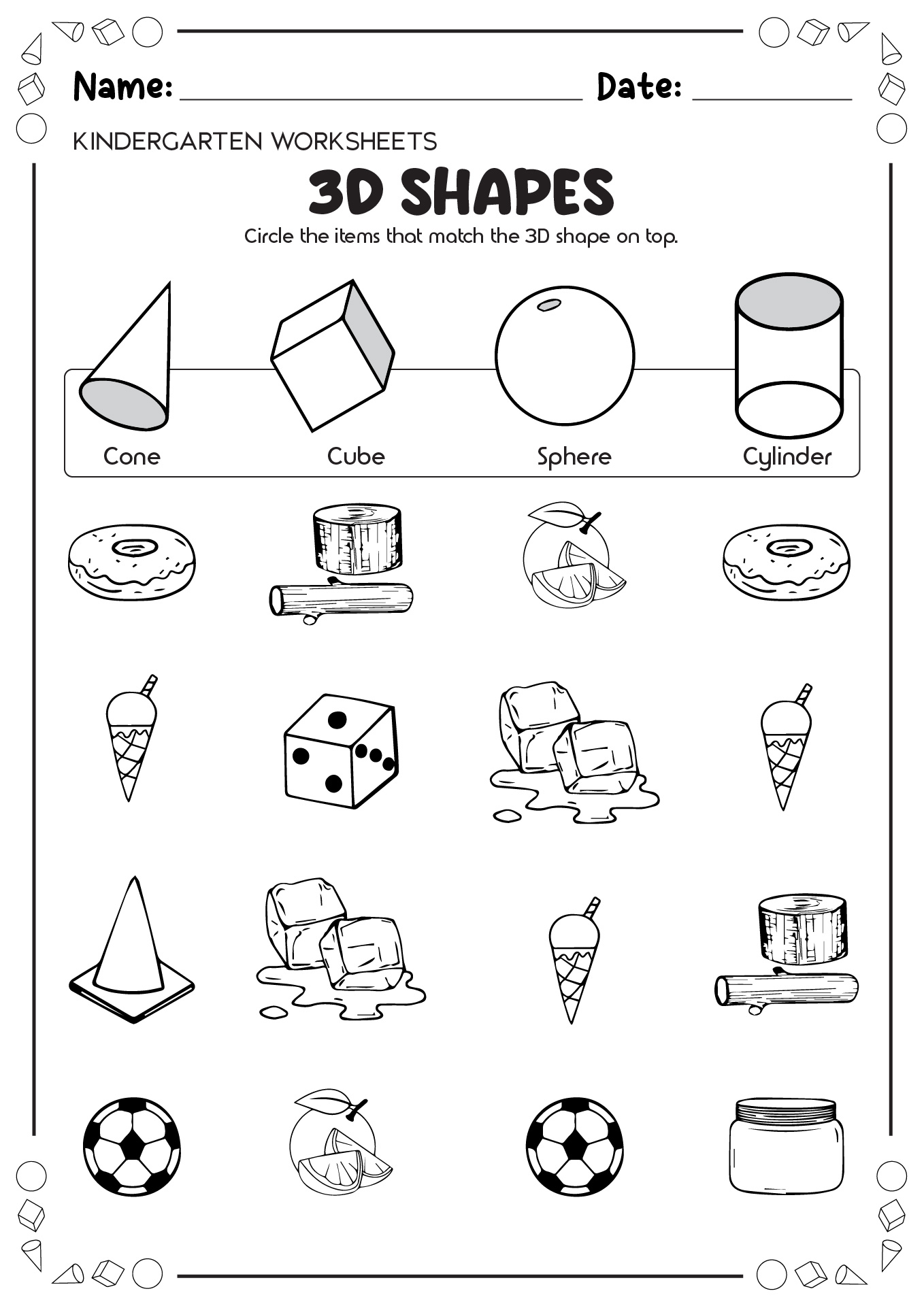 Kindergarten Worksheets 3D Shapes Printables