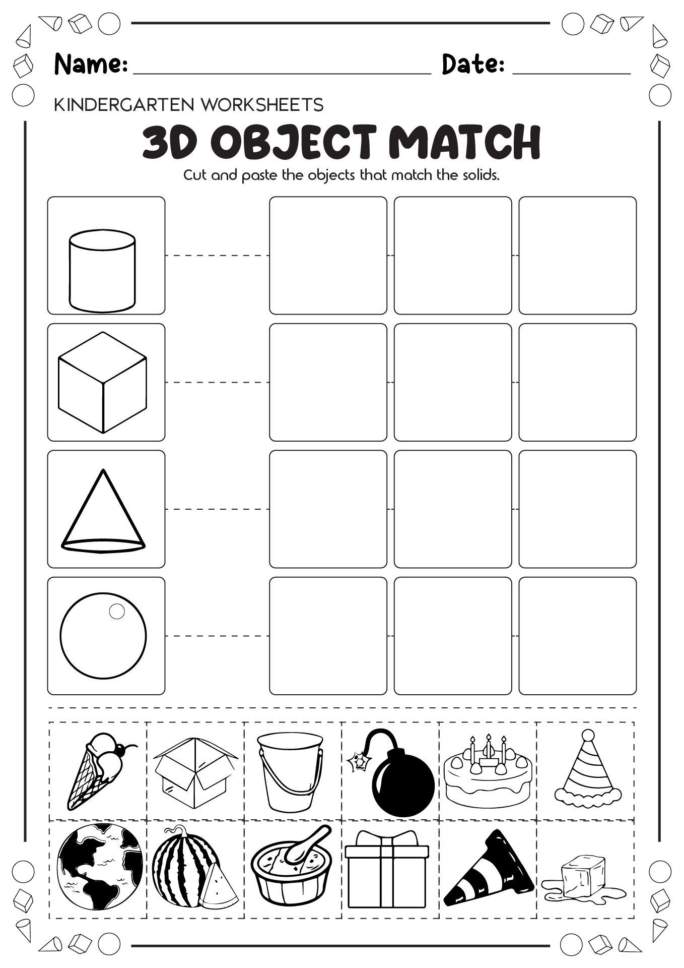 Kindergarten Worksheets 3D Shapes Printables