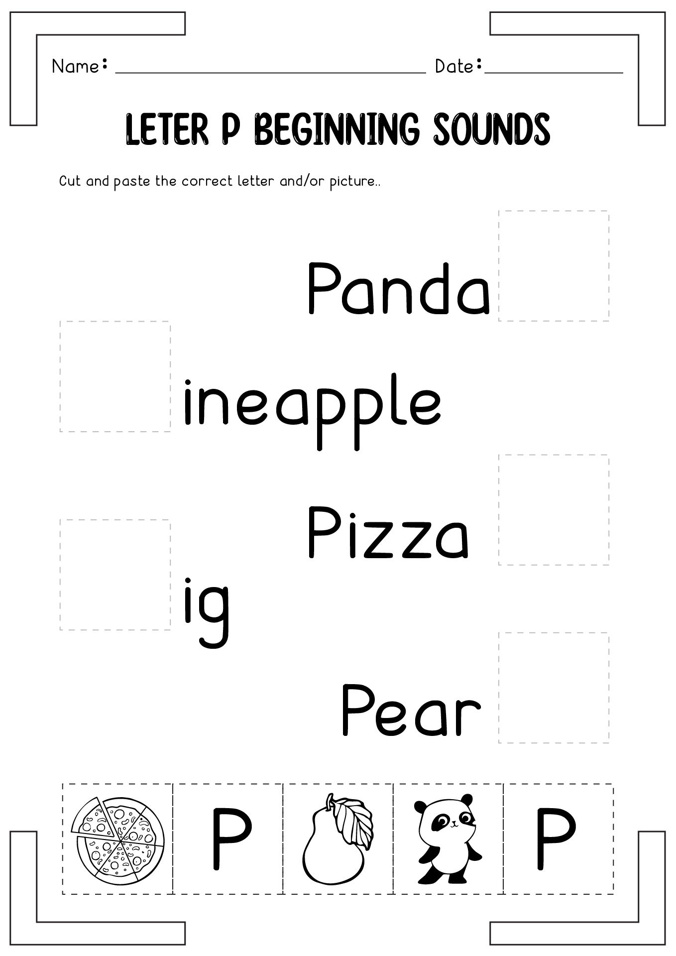 Letter P Beginning Sounds Cut and Paste