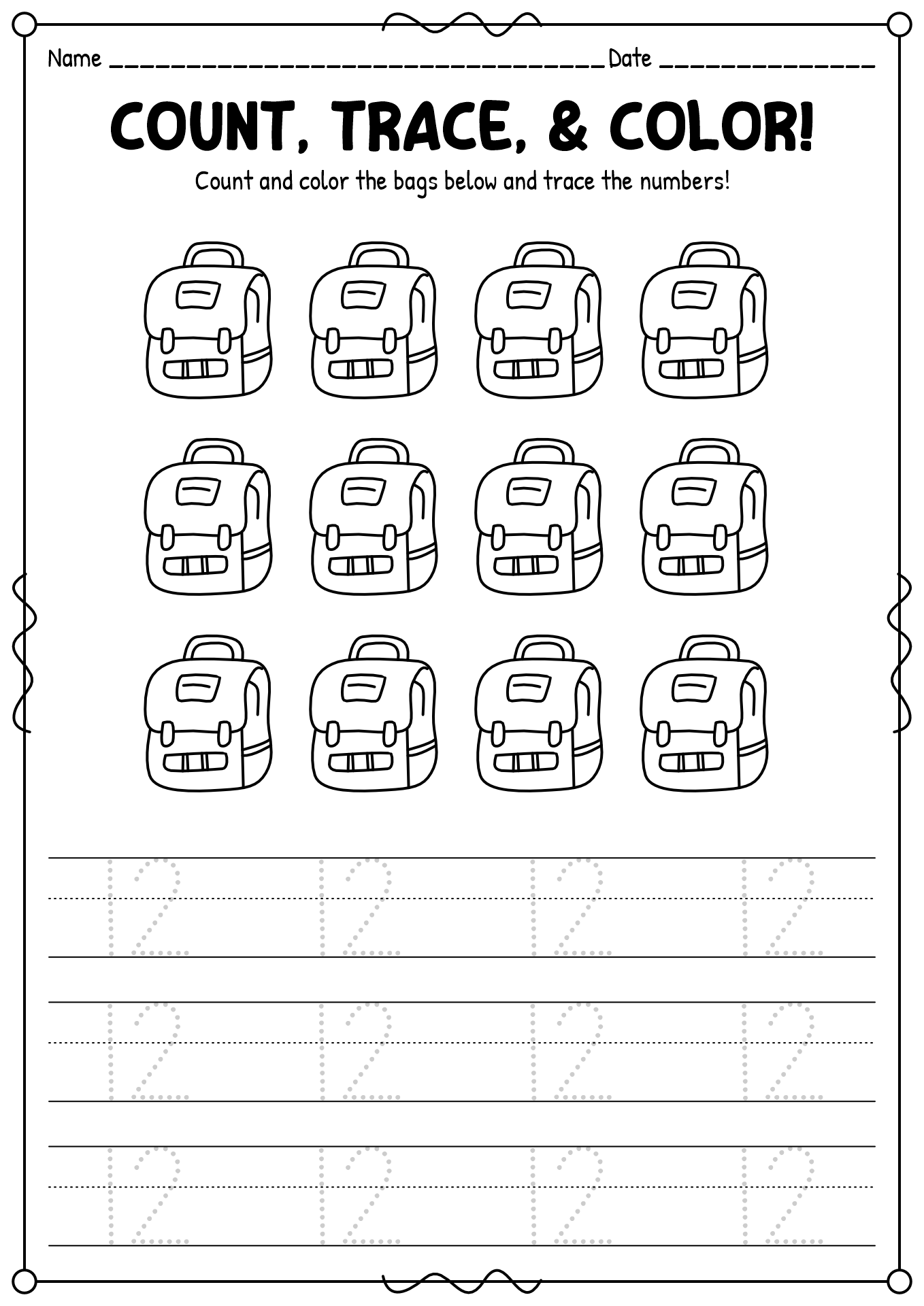 Number 12 Tracing Worksheet for Preschoolers