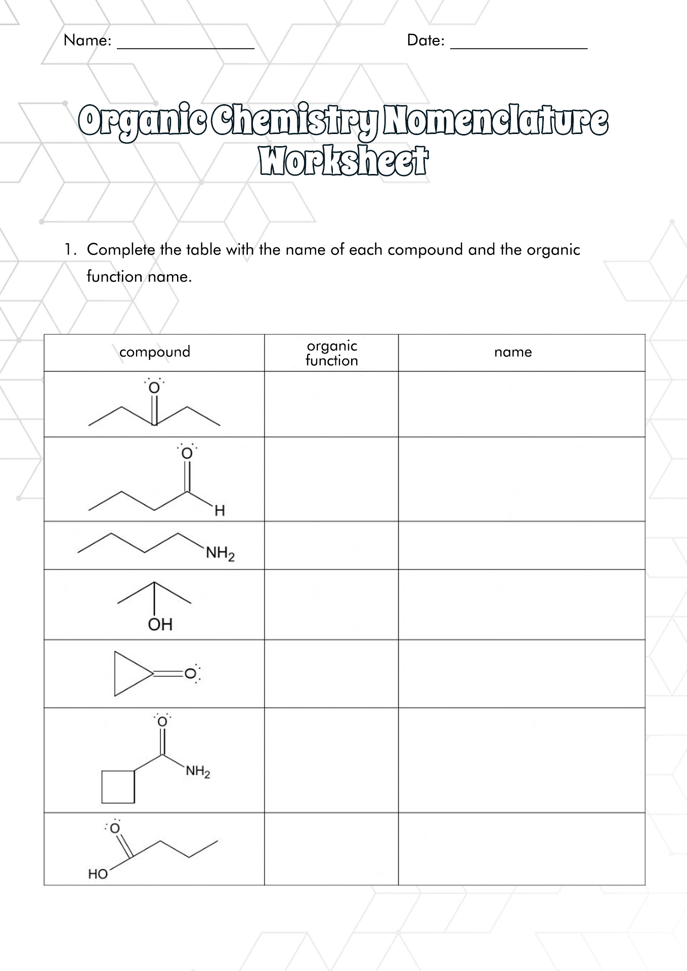 Organic Chemistry Nomenclature Worksheet Image