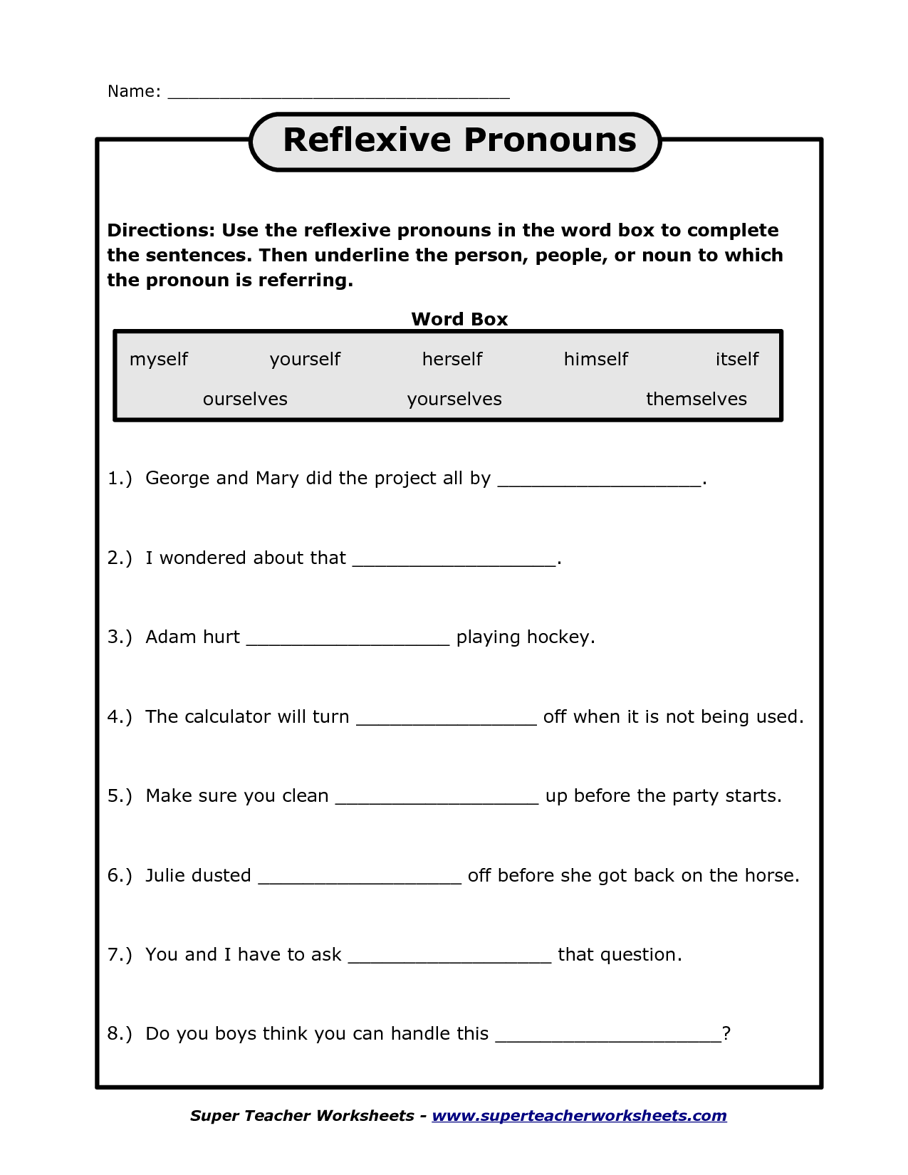Reflexive Pronouns Worksheet Image