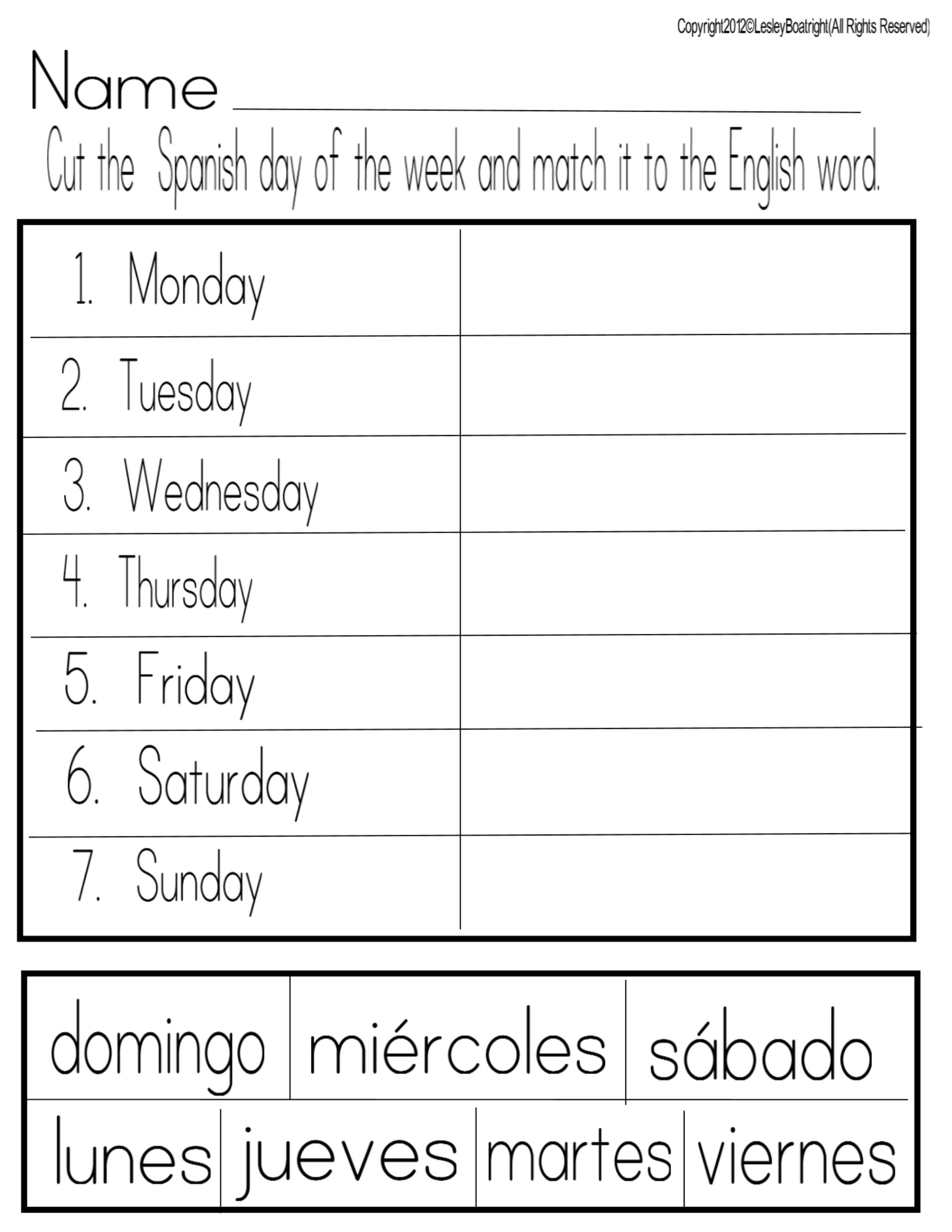 Spanish Days of the Week Worksheets Printable Image