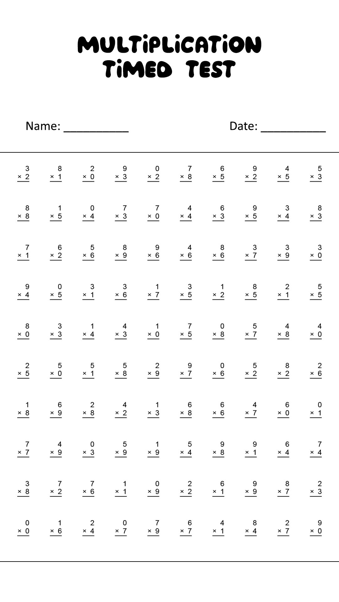 100 Problem Multiplication Timed Test Image