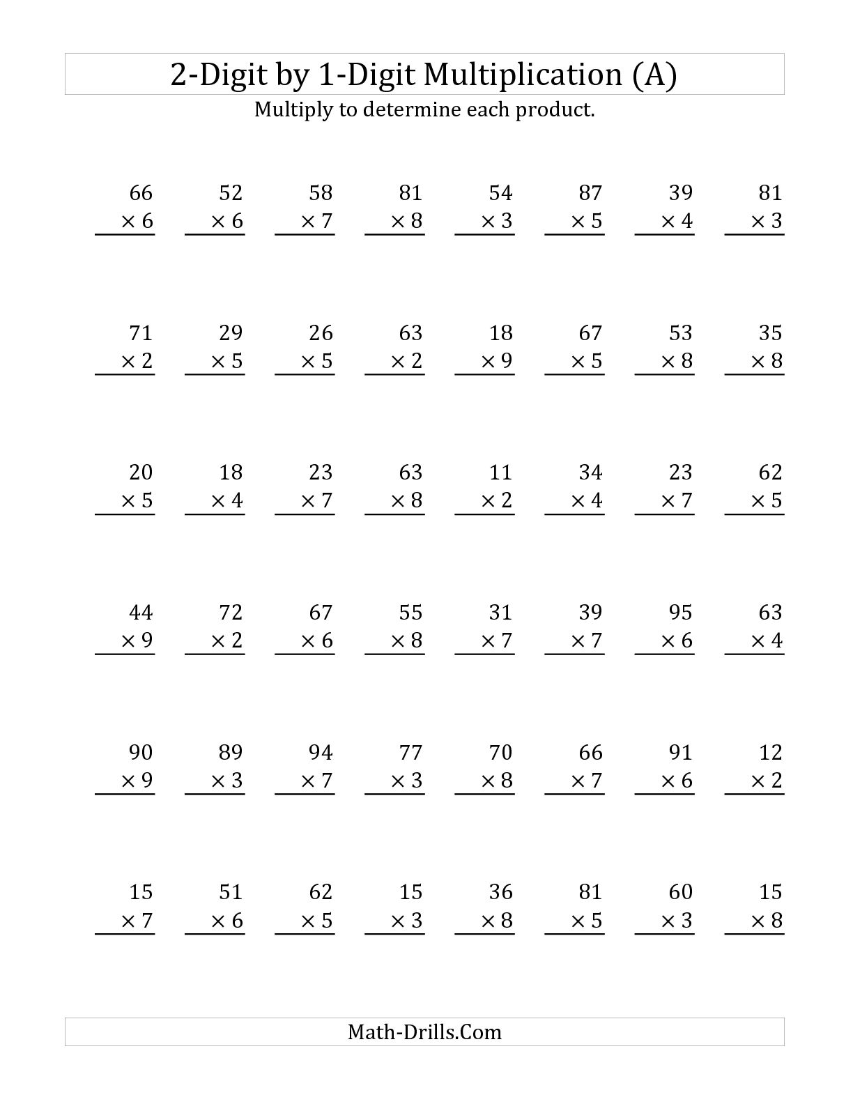 2-Digit by 1 Digit Multiplication Worksheets Image