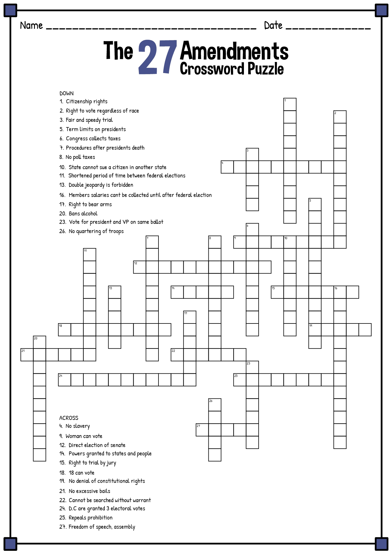 27 Amendments Crossword Puzzle