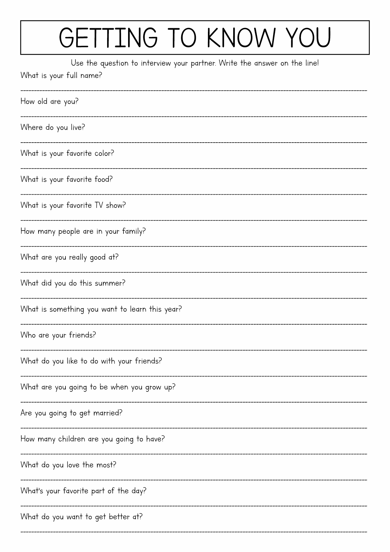 Adult Getting to Know You Worksheet Printable