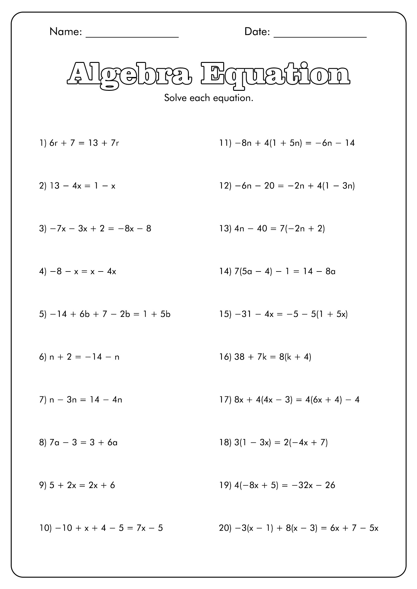 Algebra Equations Worksheets