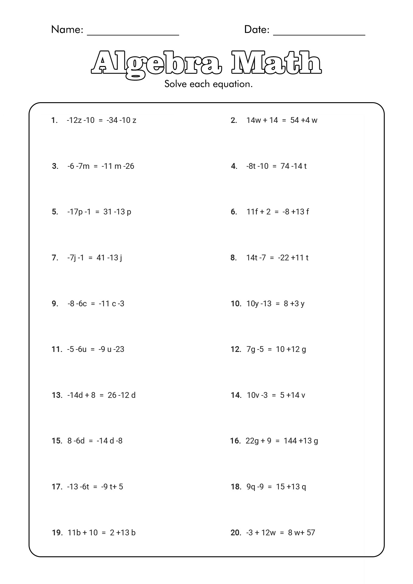 Algebra Math Worksheets