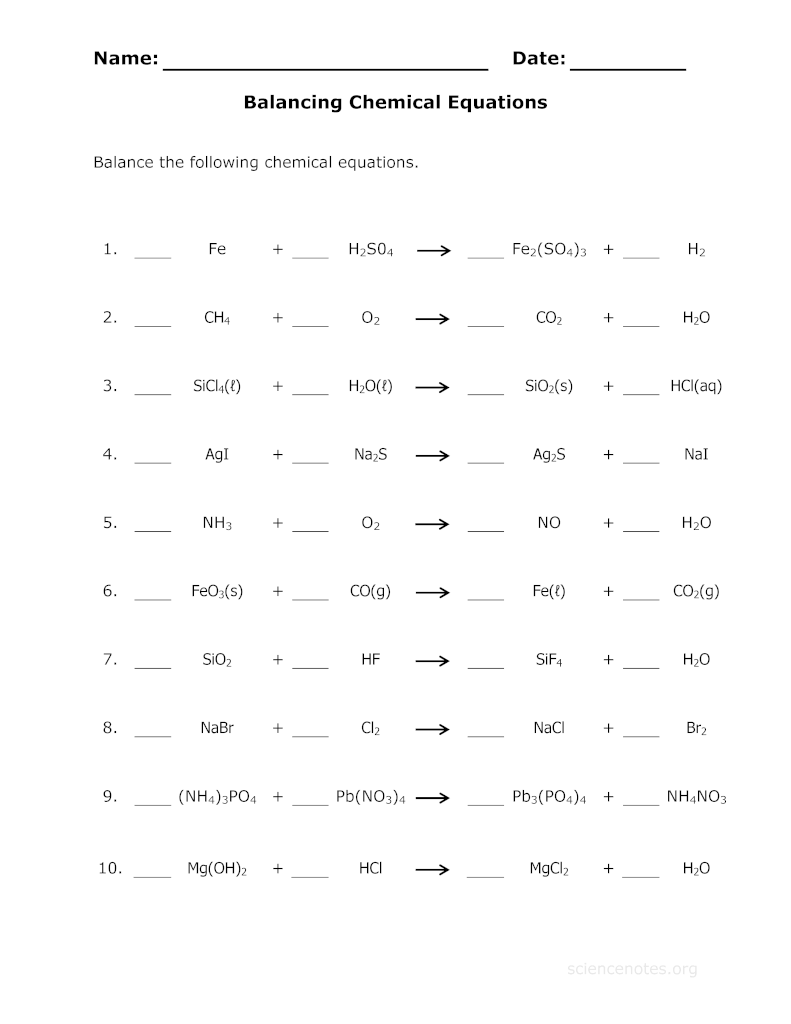 Balancing Equations Practice Worksheet Answers Image