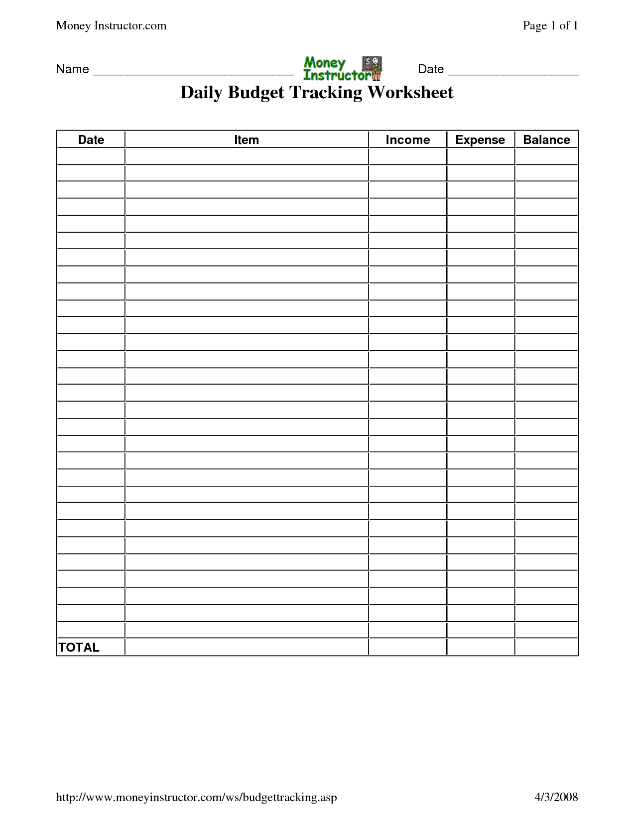 Daily Budget Tracking Worksheet Image
