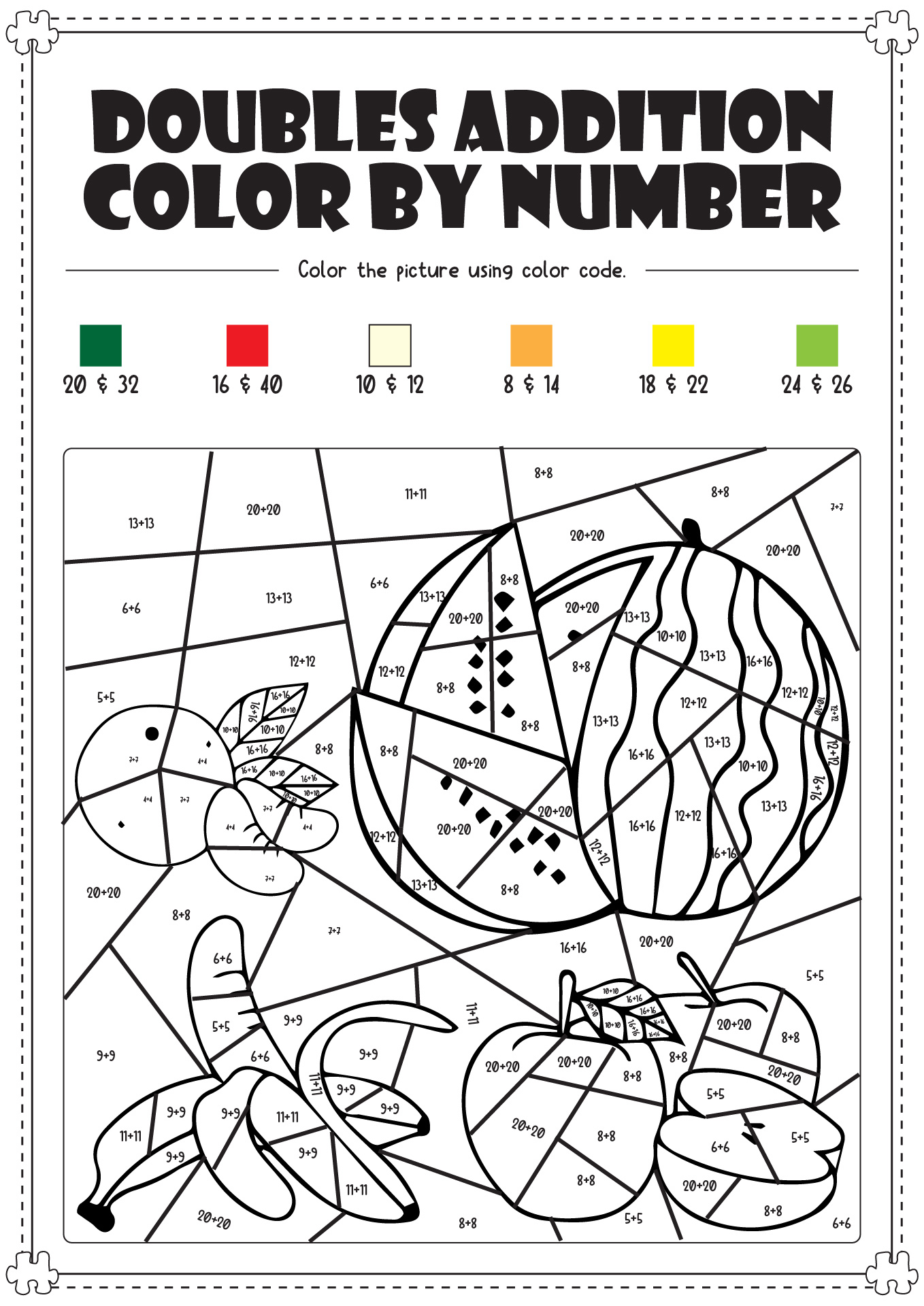 Doubles Addition Color by Number