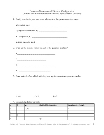 Electron Configuration and Quantum Numbers Worksheet Image