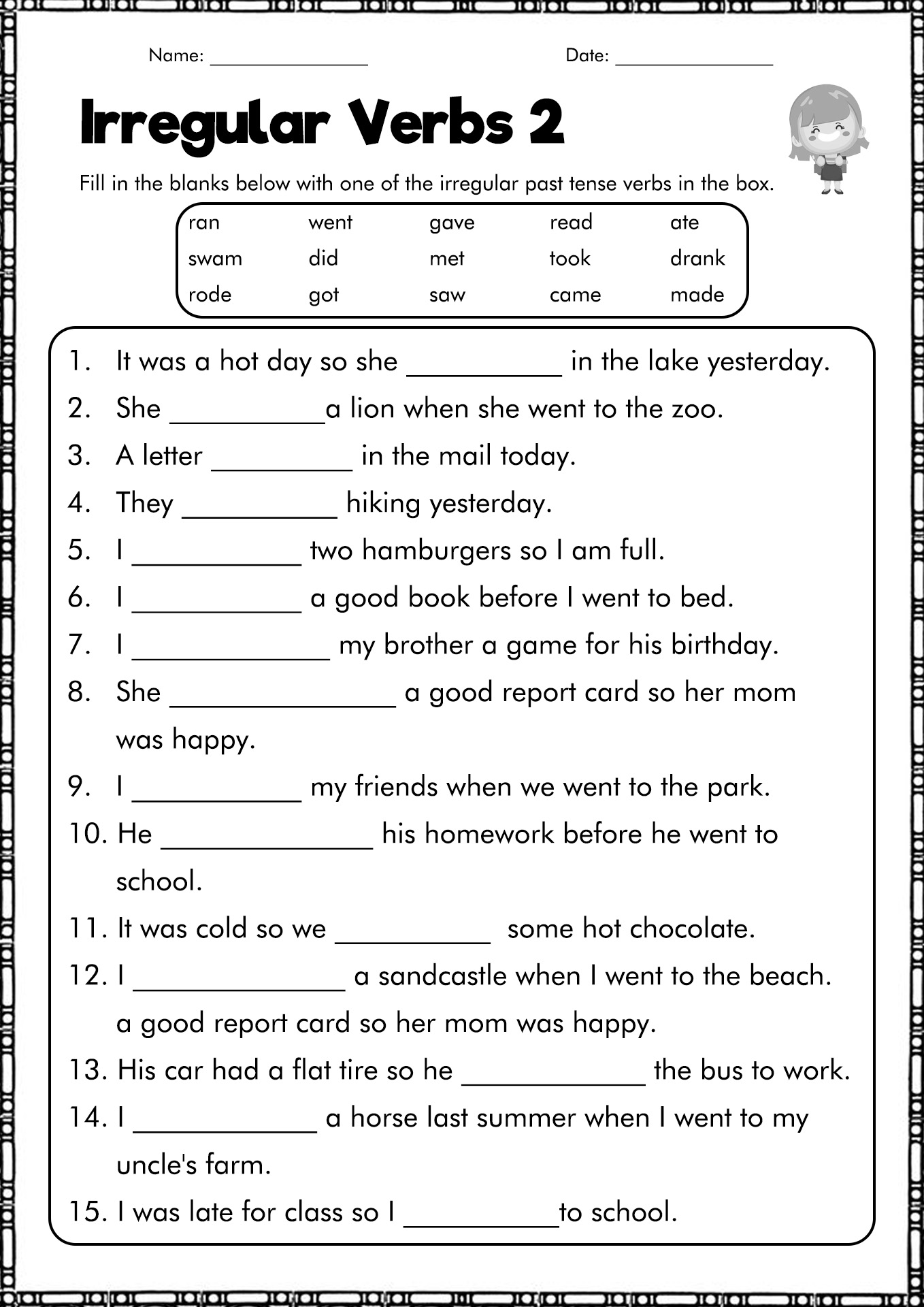 Simple Past Tense Verbs Worksheets