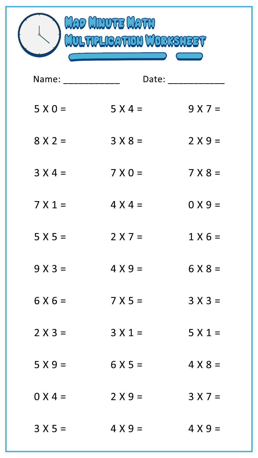Mad Minute Math Multiplication Worksheets