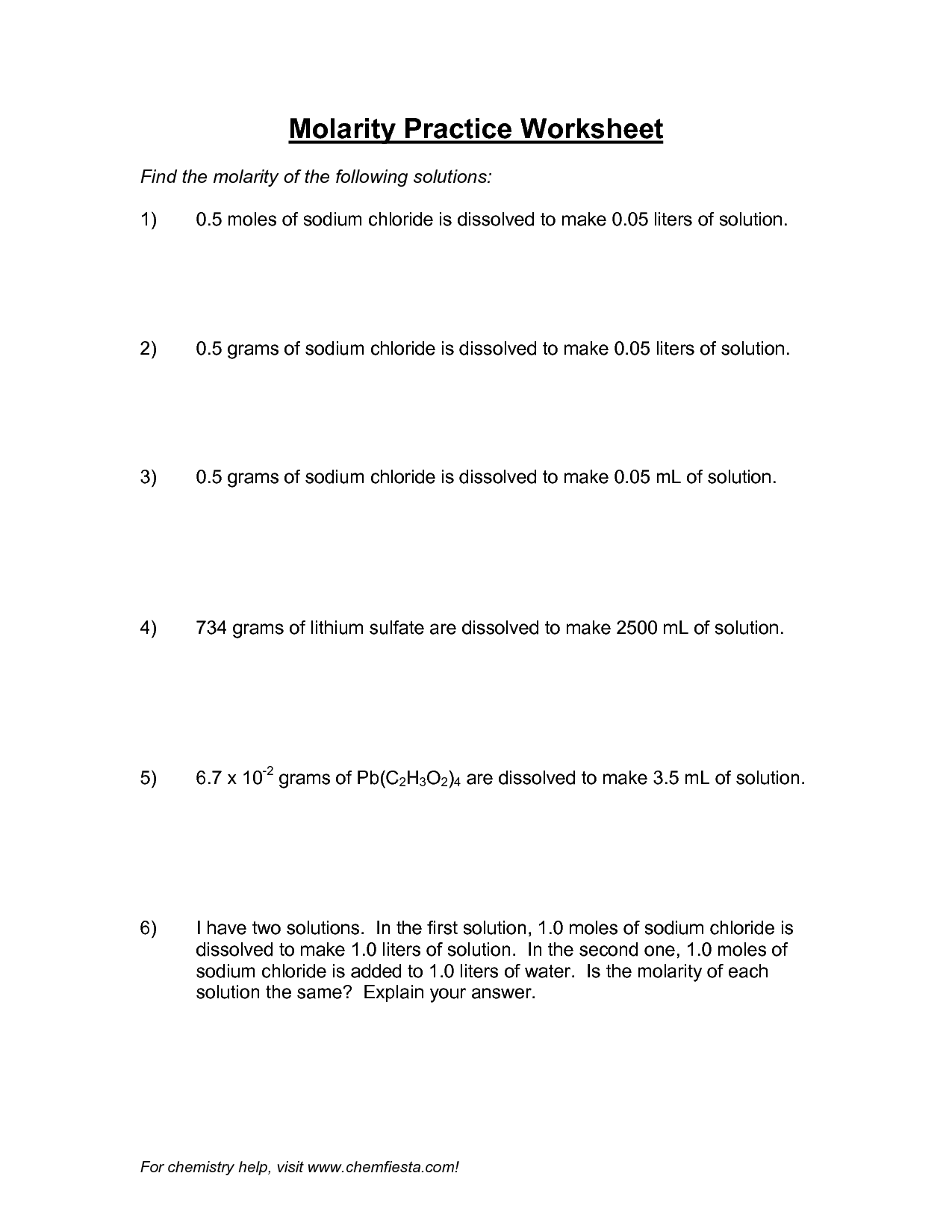 Molarity Practice Worksheet Answers Image